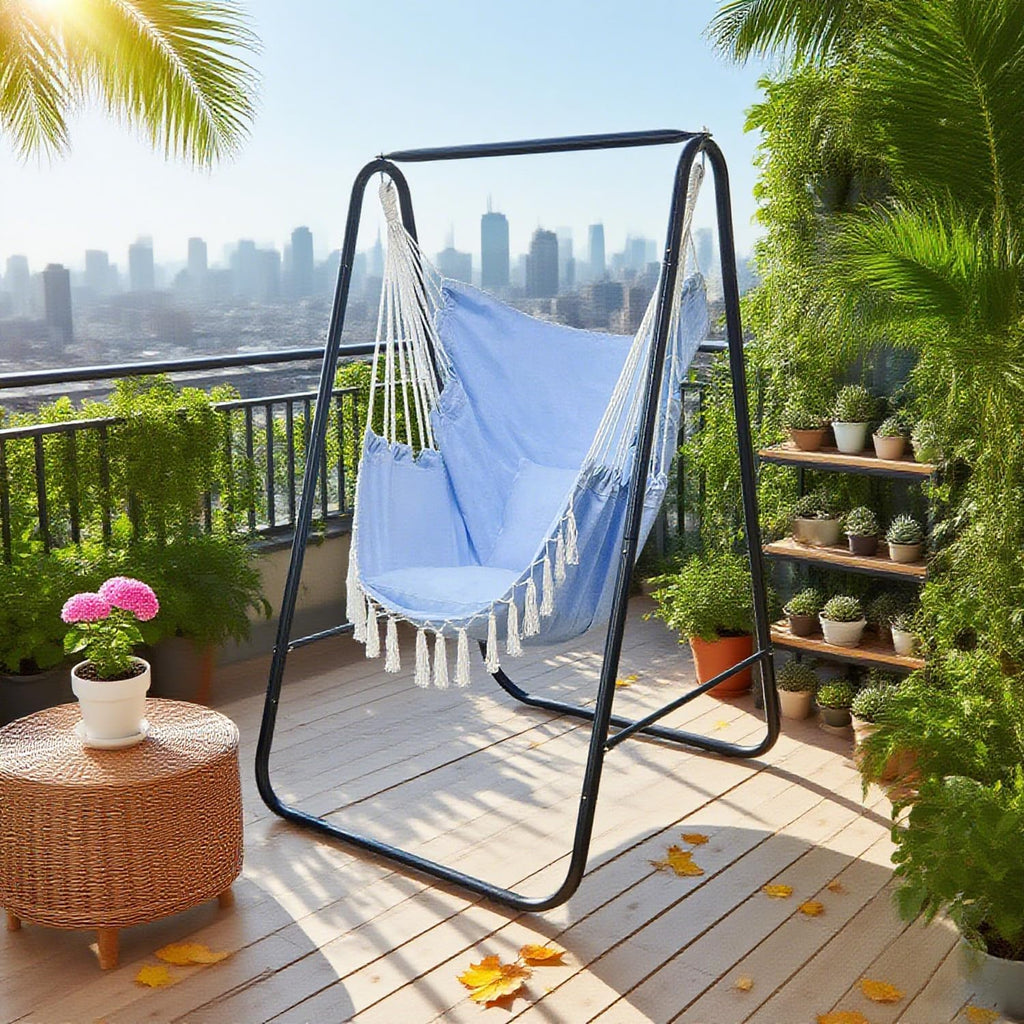 Hammock Chair with Stand,Heavy-Duty Hammock Stand with Large Indoor Swing,MAX Load 500 LBS,Hanging Chair with Stand for Indoor Outdoor,Swing Chair with 2 Cushions Included(Blue)