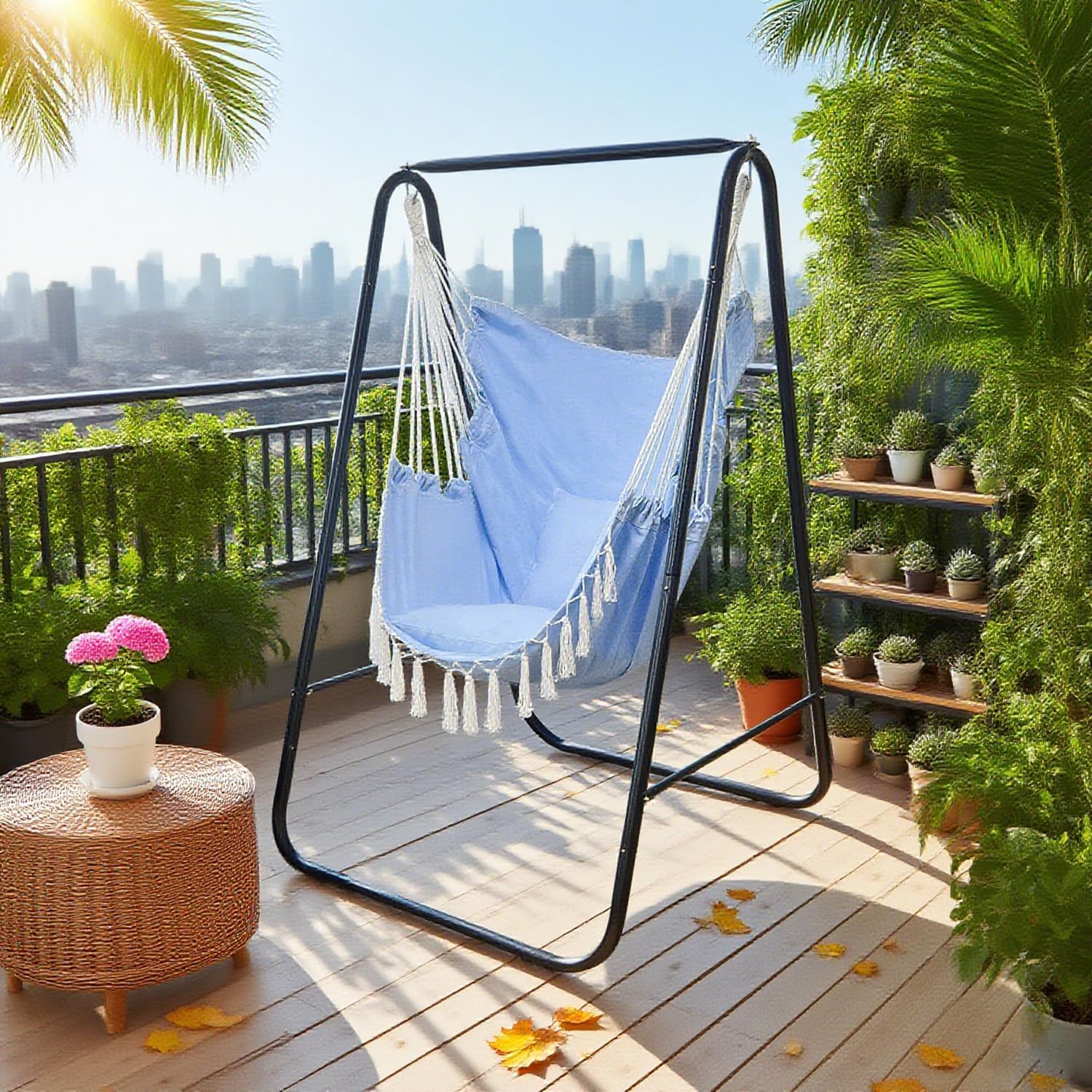 Hammock Chair with Stand,Heavy-Duty Hammock Stand with Large Indoor Swing,MAX Load 500 LBS,Hanging Chair with Stand for Indoor Outdoor,Swing Chair with 2 Cushions Included(Blue)
