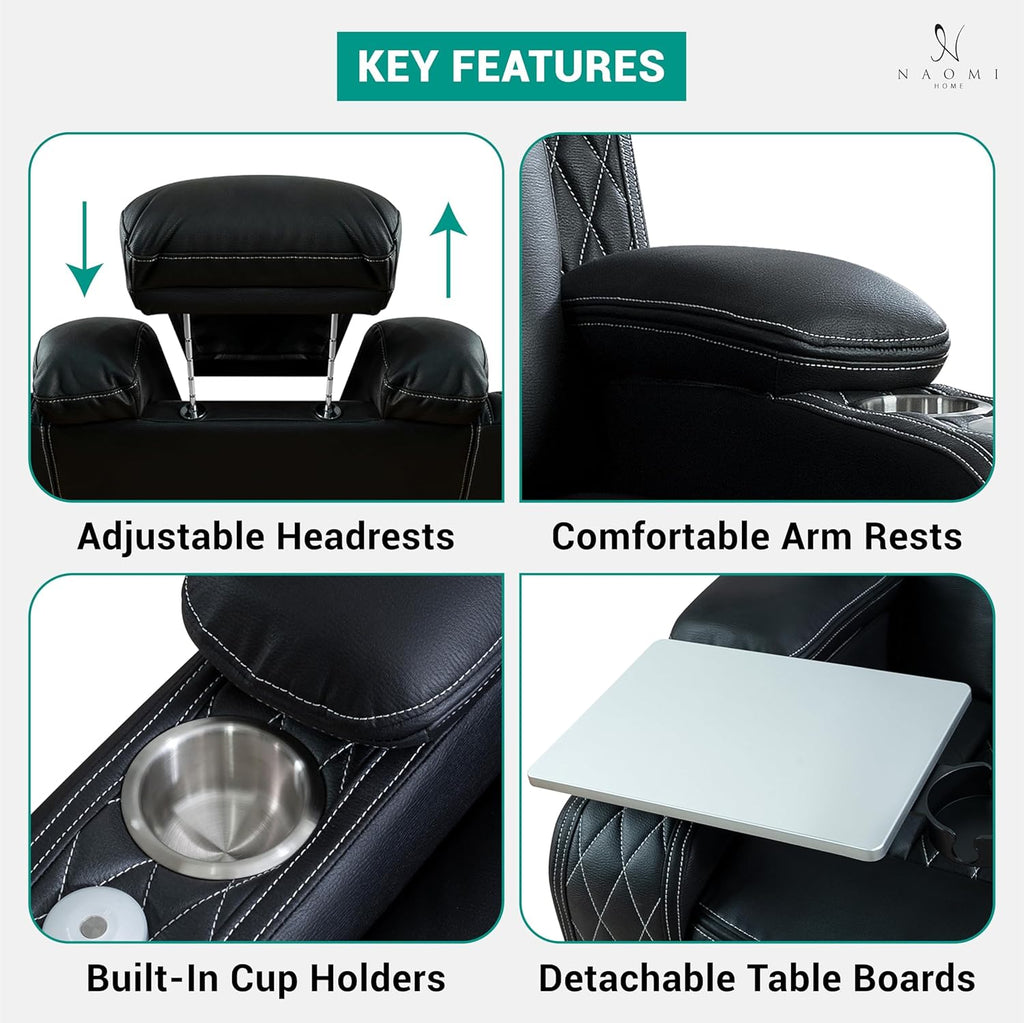 Chicago Home Theater Recliner Chair – Bluetooth Speakers, Wireless Charging, Power Recline, Adjustable Headrest, LED Lighting, Cup Holders & Premium Faux Leather for Ultimate Comfort