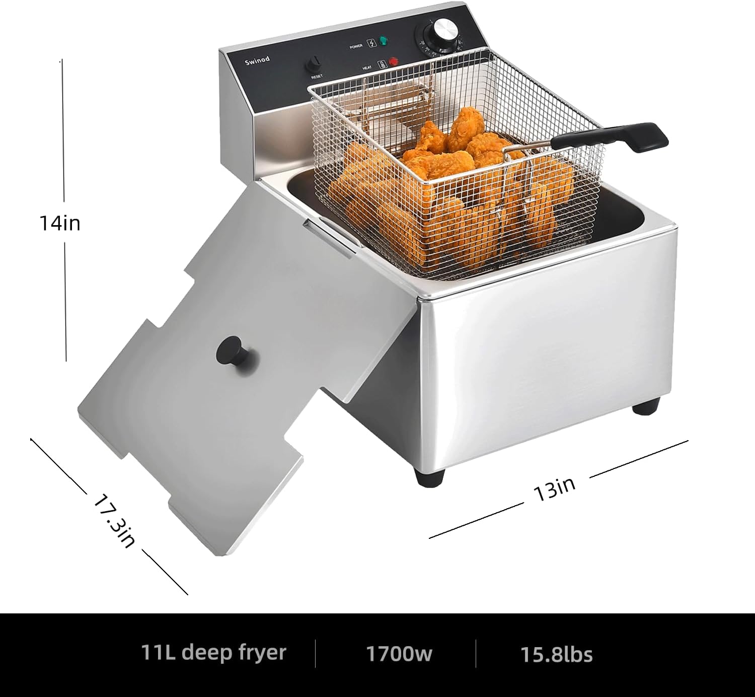 Commercial Deep Fryer with Basket, 1700w 11.6Qt 0.6mm Thickened Stainless Steel Countertop Electric Fryer for Home and Commercial Use, Oil Fryer with Double Overheat Protection