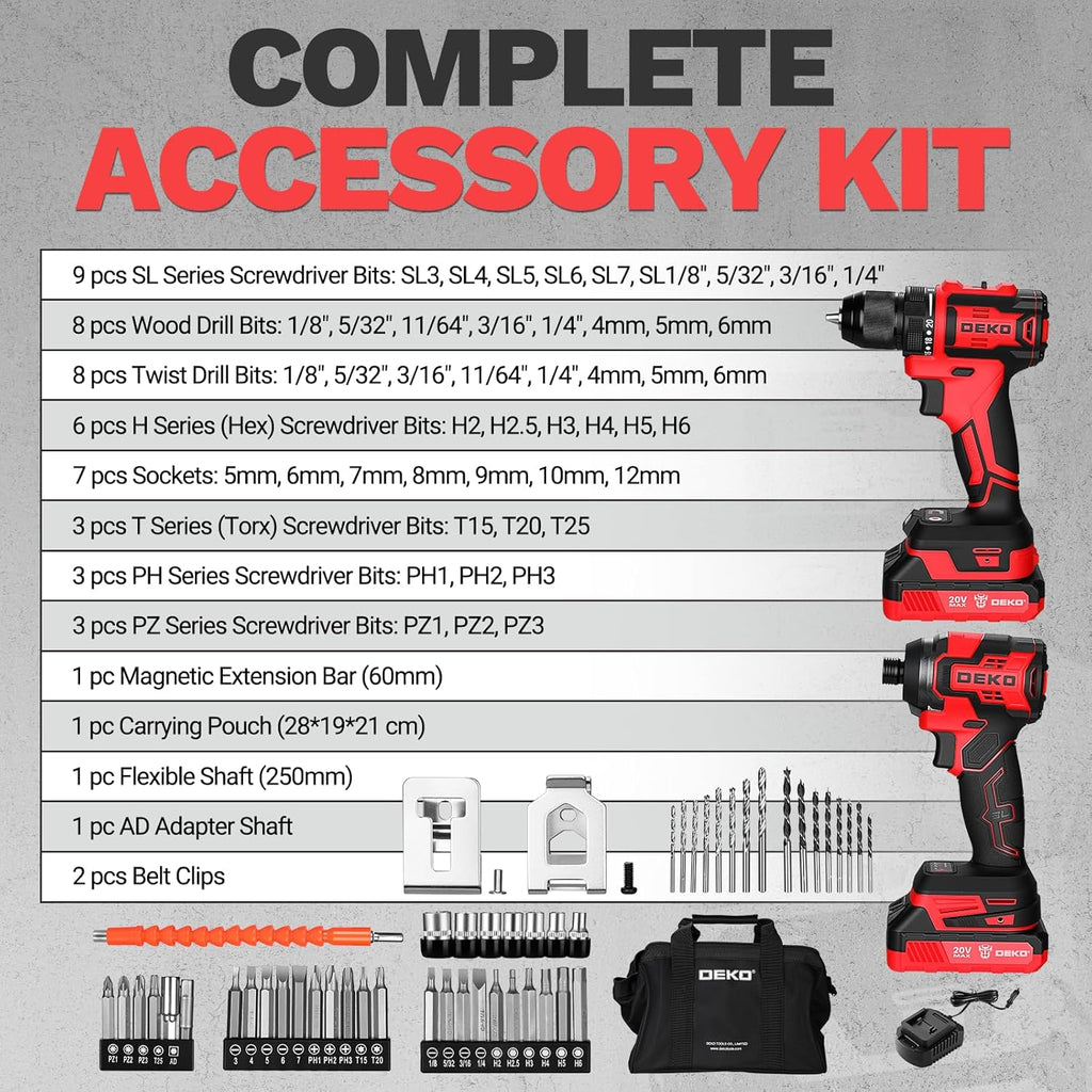 Cordless Drill & Impact Driver: DEKOPRO 20V Brushless Power Drill and 20V Brushless Impact Driver Set, Power Tool Set with 2x2.0Ah Batteries, Charger, Bag & 52xAccessories-Red