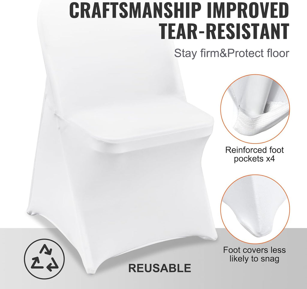 VEVOR Stretch Spandex Folding Chair Covers, Universal Fitted Chair Cover, Removable Washable Protective Slipcovers, for Wedding, Holiday, Banquet, Party, Celebration, Dining (100PCS White)