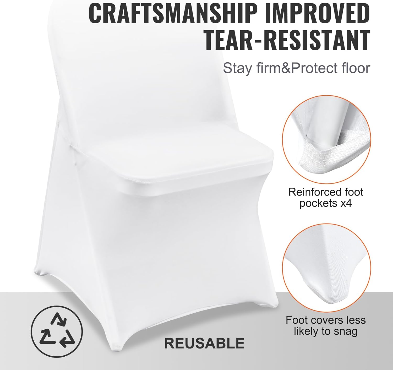 VEVOR Stretch Spandex Folding Chair Covers, Universal Fitted Chair Cover, Removable Washable Protective Slipcovers, for Wedding, Holiday, Banquet, Party, Celebration, Dining (100PCS White)
