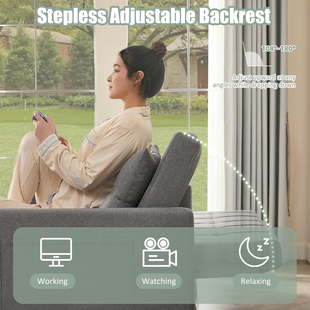 52" Sleeper Sofa with Pull-Out Bed, 3-in-1 Convertible Sofa Bed, Set of Loveseat with Stepless Adjustable Backrest and Side Pocket, for Living Room Dorm Apartment, Linen, Light Gray