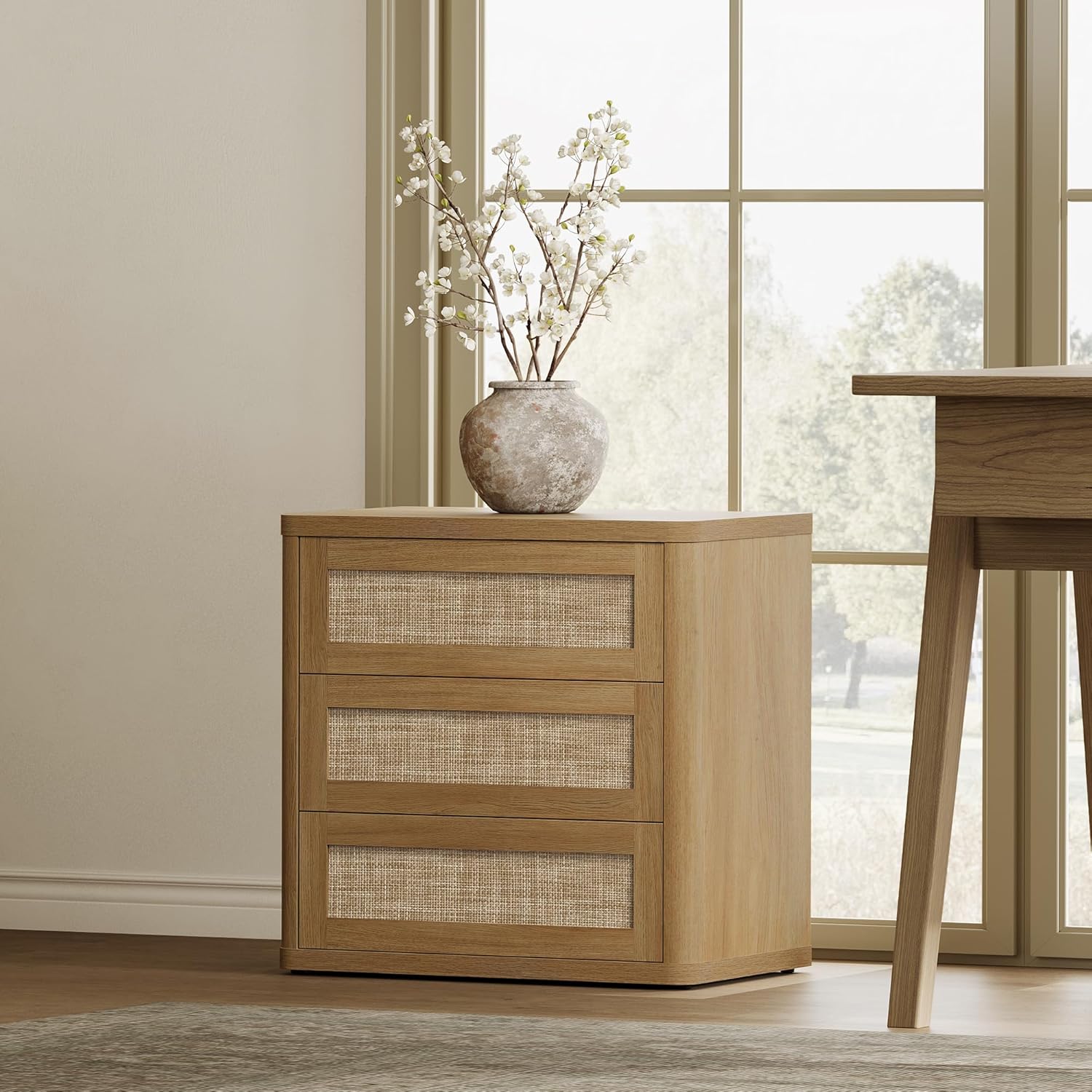 SICOTAS Rattan Nightstand Set of 2, 26.8" Wide Oversized 3 Drawer Night Stands, Boho Bedside End Tables with Push-Close & Kid-Safe Rounded Edge for Bedroom Guest Room Home Office Entryway, Amber Oak