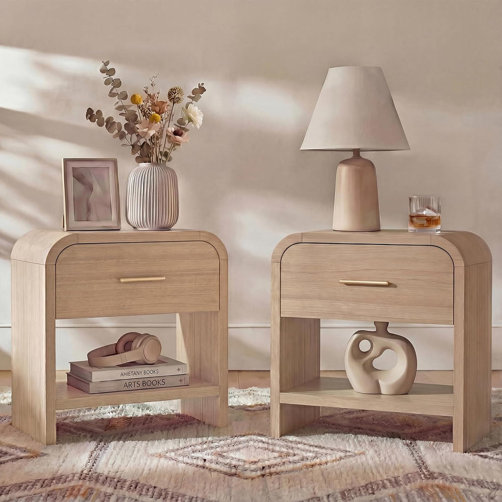 Night Stand Set of 2 Unique Curved Profile FSC-Certified Wooden Board 1-Drawer and 1 Storage Shelf Nightstand 24" H Metal Handle Modern Bedside Table Side Table End Table for Bedroom