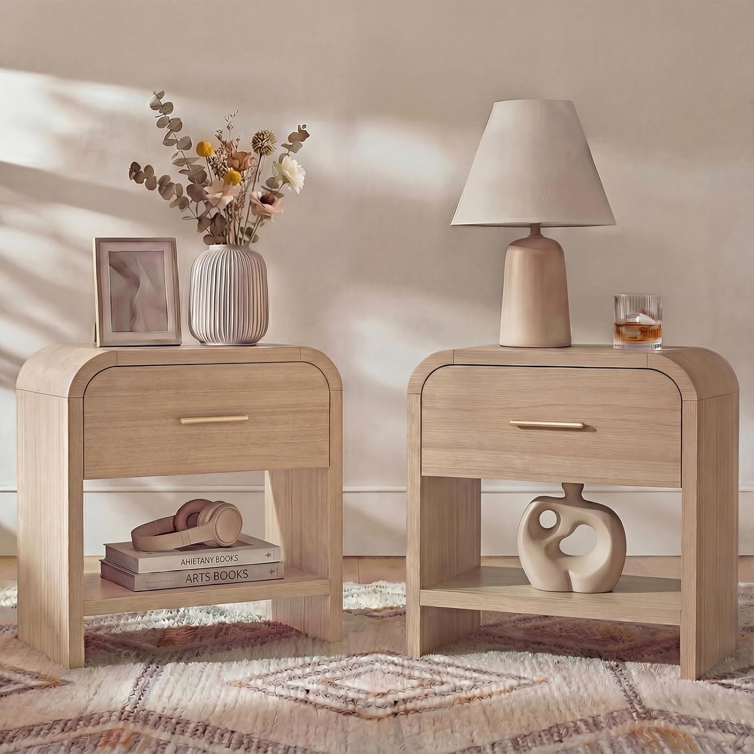Night Stand Set of 2 Unique Curved Profile FSC-Certified Wooden Board 1-Drawer and 1 Storage Shelf Nightstand 24" H Metal Handle Modern Bedside Table Side Table End Table for Bedroom