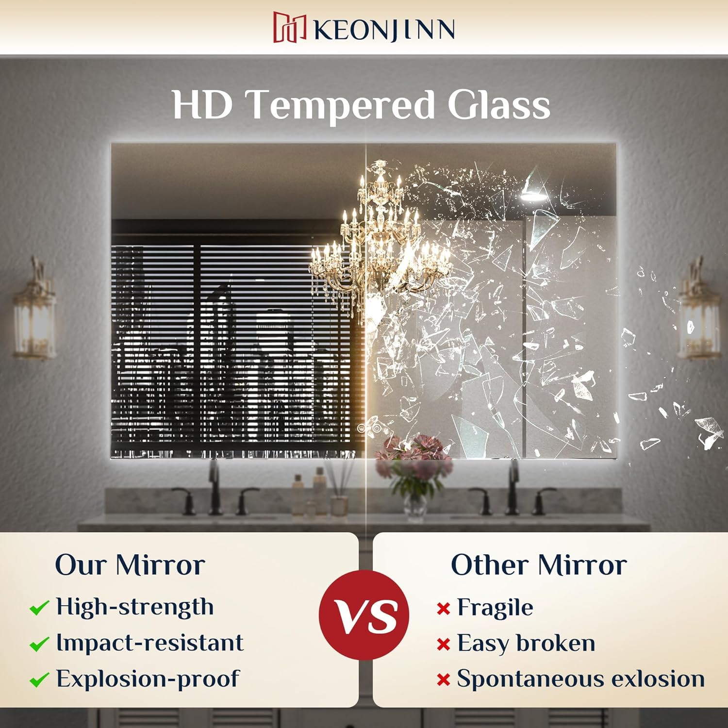 Keonjinn 60" x 36: Lighted Bathroom Mirror, Large LED Backlit Miroor, 3 Colors Lights Warm/Natural/White, HD Tempered Glass, Safe Anti-Fog, Dimmable, Oversinzed LED Bathroom Mirrors