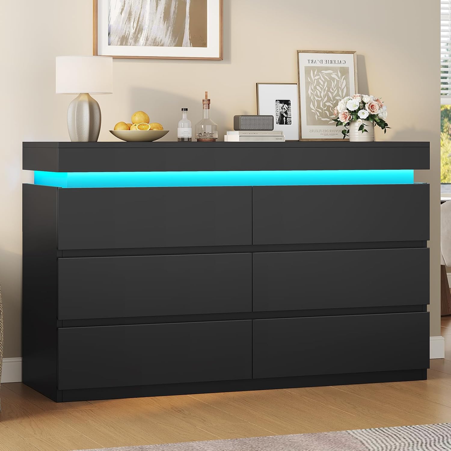 6 Drawer Dresser with LED Light, Black Modern Chest of Drawers for Bedroom,Closet Dressers with Drawers for Living Room, Entryway, Hallway