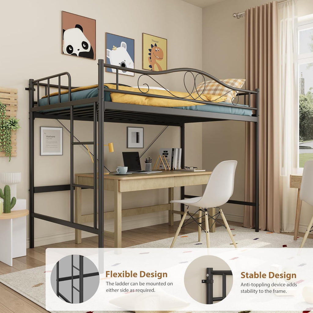 IDEALHOUSE Loft Bed Twin Size with Ladder & Full Safety Guardrail, Heavy Duty Metal Twin Loft Bed 400 Lbs Load Capacity, Space-Saving, Noise Free, No Box Spring Needed, Easy Assembly, Black