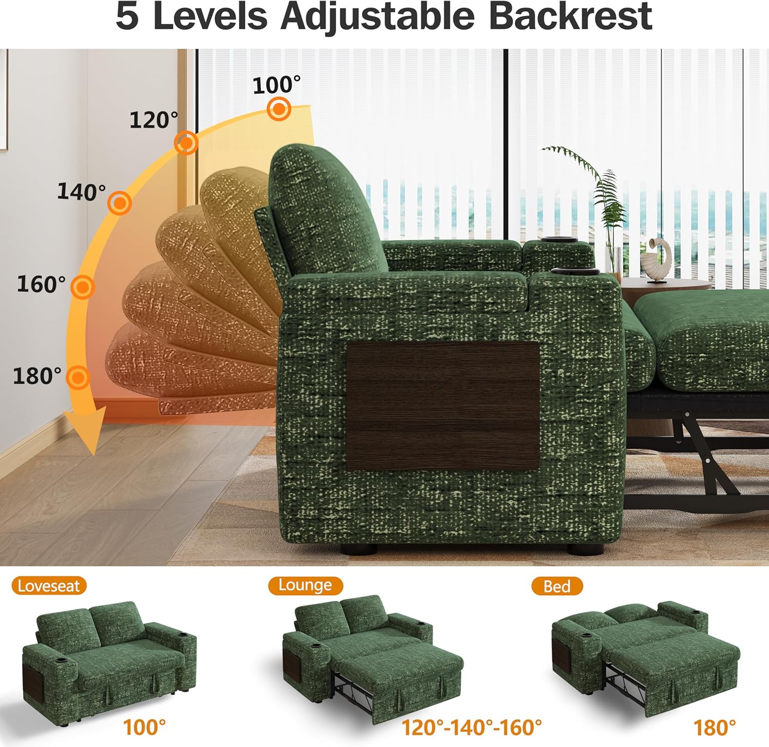 Vipbear 65" Loveseat Sleeper Sofa with Pull Out Bed, Chenille 3-in-1 Convertible Sofa Bed with Reclining Backrest|USB Ports|Cup Holders|Side Table|Storage Armrests, Tool Free Assembly, Green