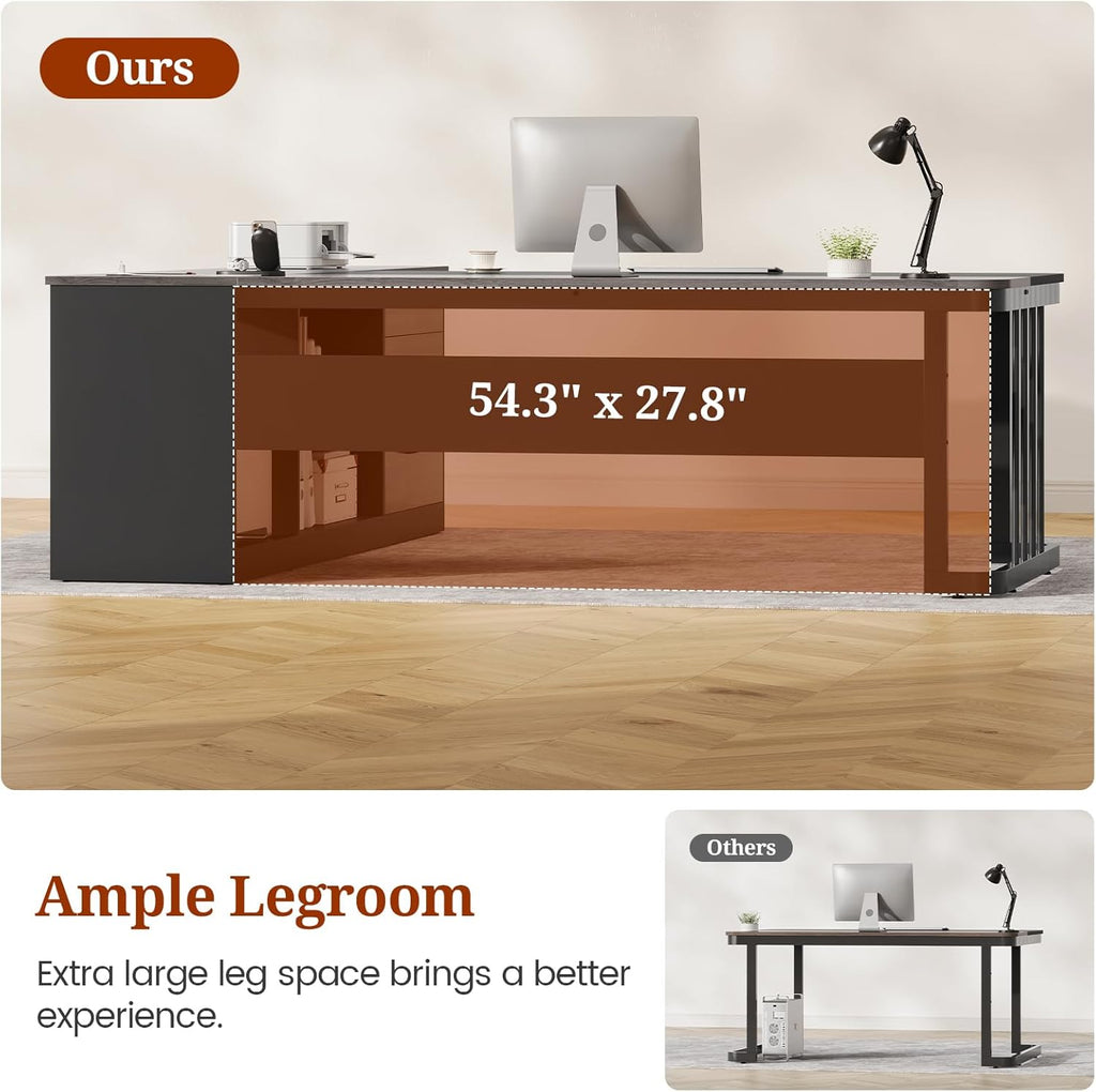 71" Executive Desk, Large Office Desk with Drawers & Storage Shelves, Modern L Shaped Computer Desk Corner Desk with Power Outlets, File Cabinet, Business Furniture Desk Workstation (Grey)