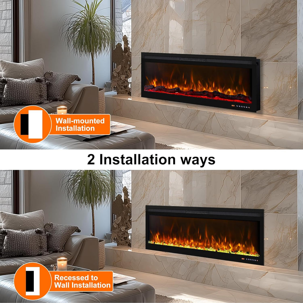 60 Inch Smart WiFi Infrared Electric Fireplace Realistic Flame, 169 Flame Color Combinations,App/Remote Control, Logs & Crystals,750W/1500W Heater, Black