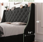 Feonase Upholstered Queen Size Bed Frame with 4 Storage Drawers, Storage Bed with Charging Station, Large Wingback Headboard, No Box Spring Needed, Black