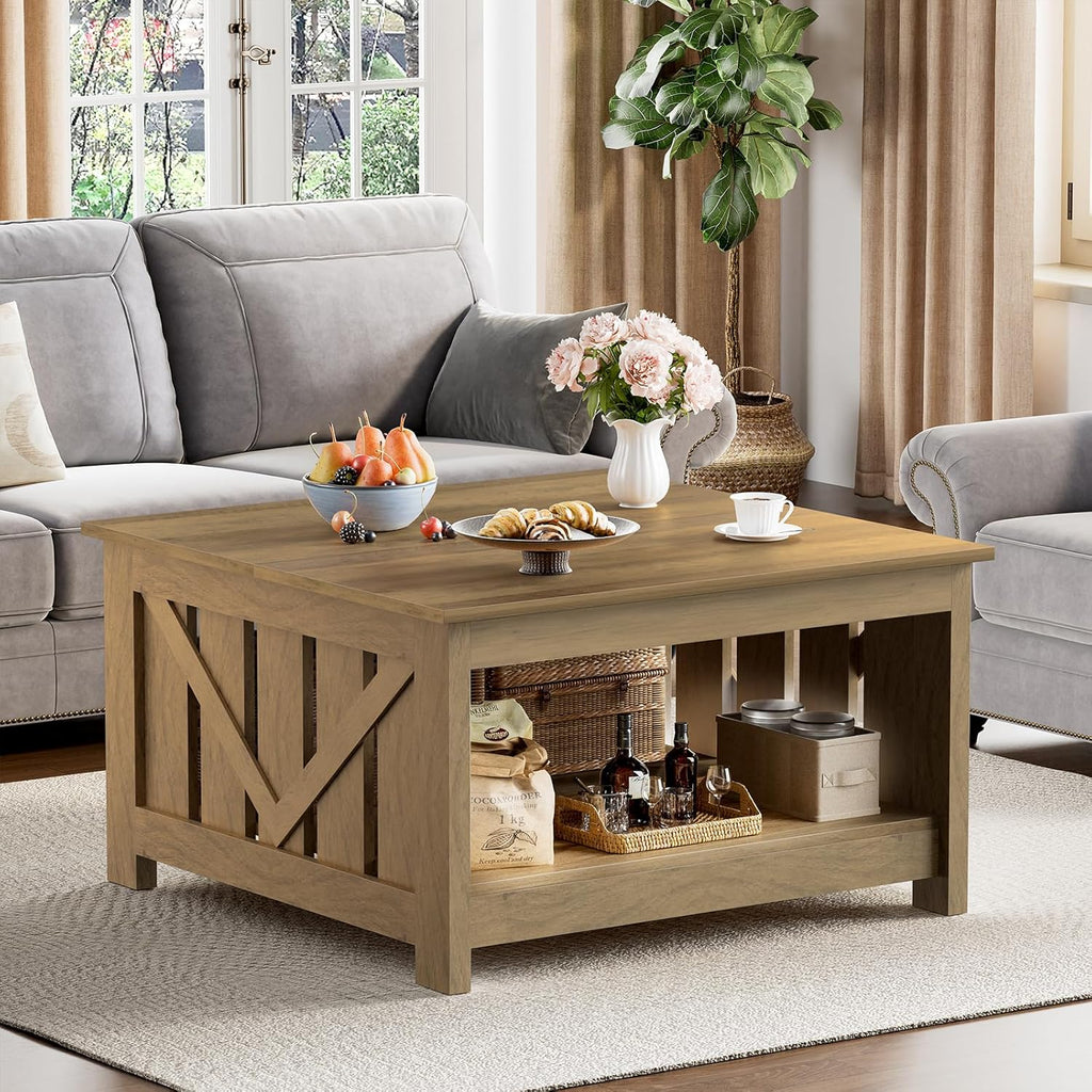 FABATO Lift Top Coffee Table, 31.5" Farmhouse Coffee Tables with Storage, Small Square Cocktail Tables, Wood Central Table for Living Room, Meeting Room, Retro Oak