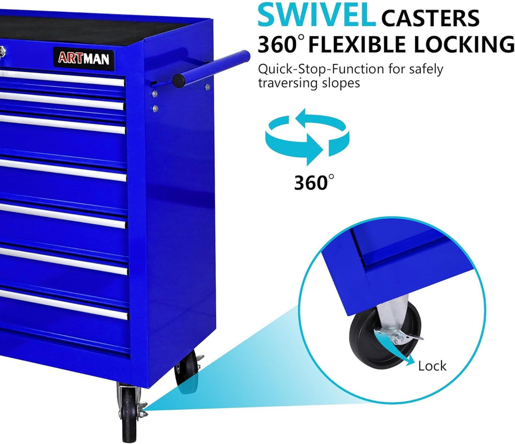 7 Drawers Rolling Tool Cart on Wheels, Multifunctional Organizer Tool Chest Tool Case, Trolley Tool Storage Tool Box for Workshop,Garage,Repair Shop (7 Drawers 24.2" W×12.9" D×29.9" H-Blue)