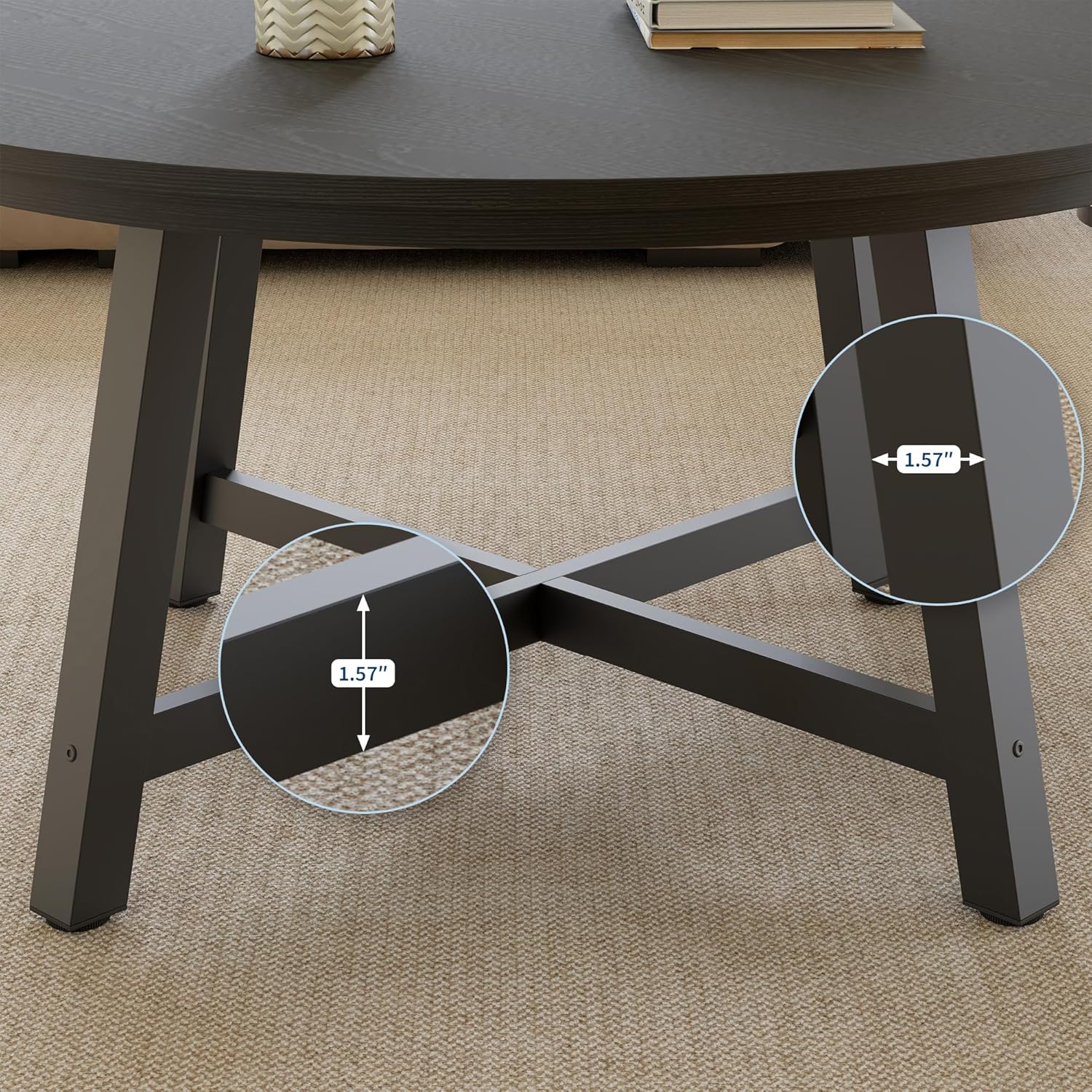 GarveeHome Round Coffee Table 36" Center Table,Large Coffee Table Black Accent Tables with Adjustable Feet, Living Room Tables with Thickened Legs and Designed Wood Grain, Easy Assemble