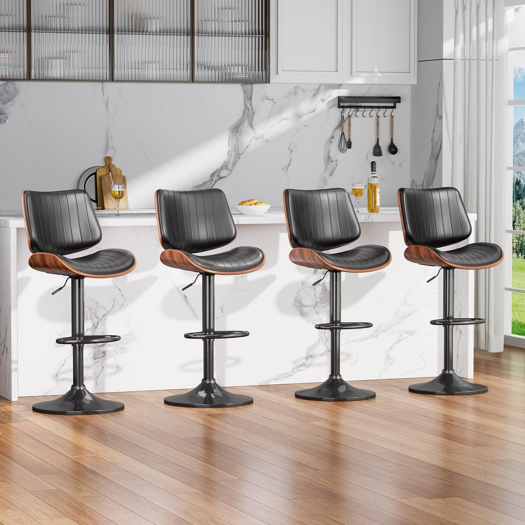Swivel Bar Stools Set of 3, Adjustable Bentwood Barstools for Kitchen Counter, Modern PU Leather Upholstered Bar Chair with Back and Footrest, for Kitchen Island, Bar, Dining Room, Black
