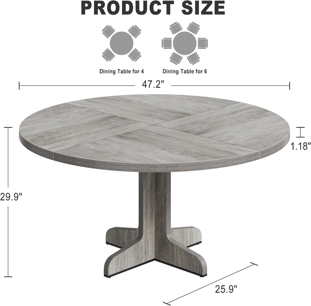 IDEALHOUSE Round Dining Table for 4, 47 Inches Dining Room Table with Wooden Base, Circle Kitchen Dinner Table for Dining Room, Kitchen, Living Room (Table Only), Grey