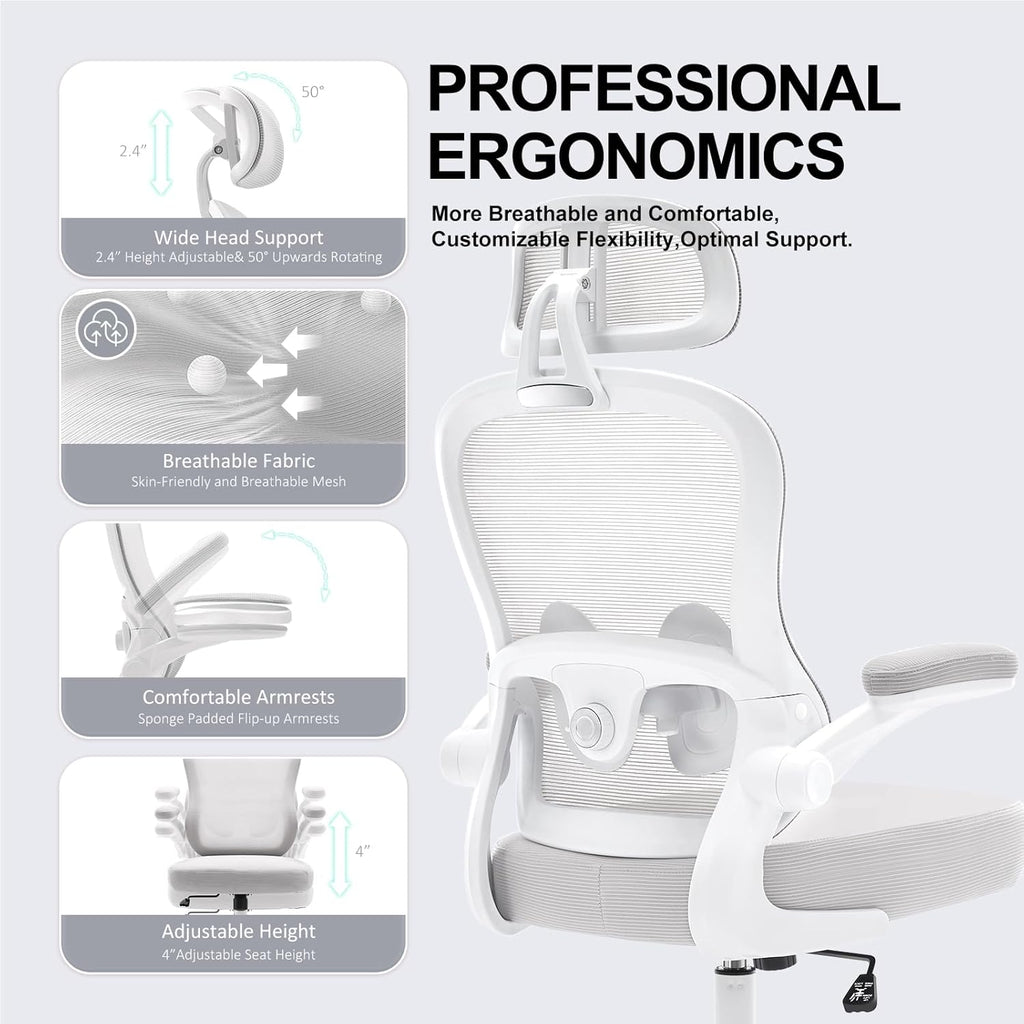 Ergonomic Office Chair,Ultra Thick Office Desk Chair with Adjustable Lumbar Support and Headrest,Spring Cushion,Rocking Function,Flip-up arms,Mesh Computer Chair for Home Office,Grey