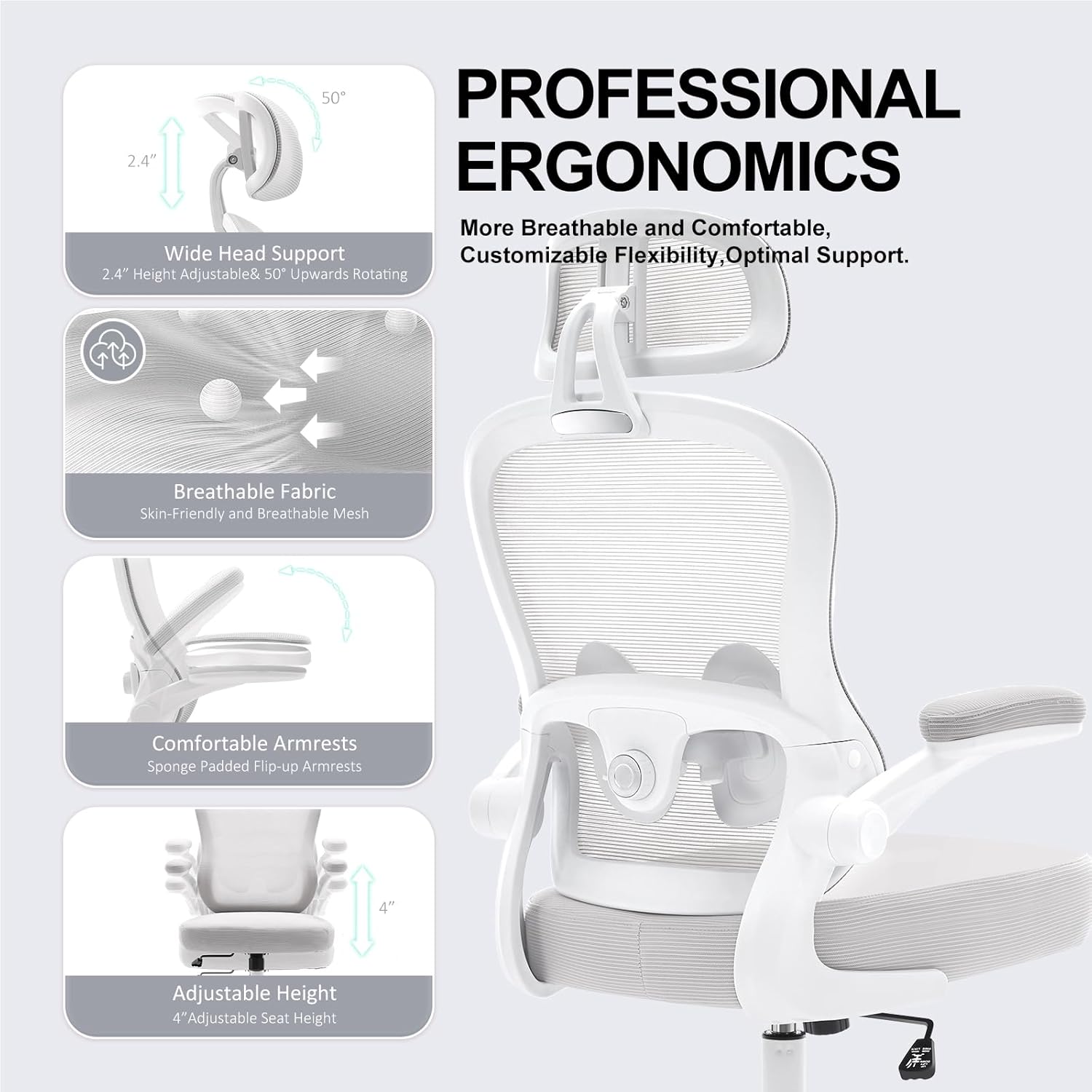 Ergonomic Office Chair,Ultra Thick Office Desk Chair with Adjustable Lumbar Support and Headrest,Spring Cushion,Rocking Function,Flip-up arms,Mesh Computer Chair for Home Office,Grey
