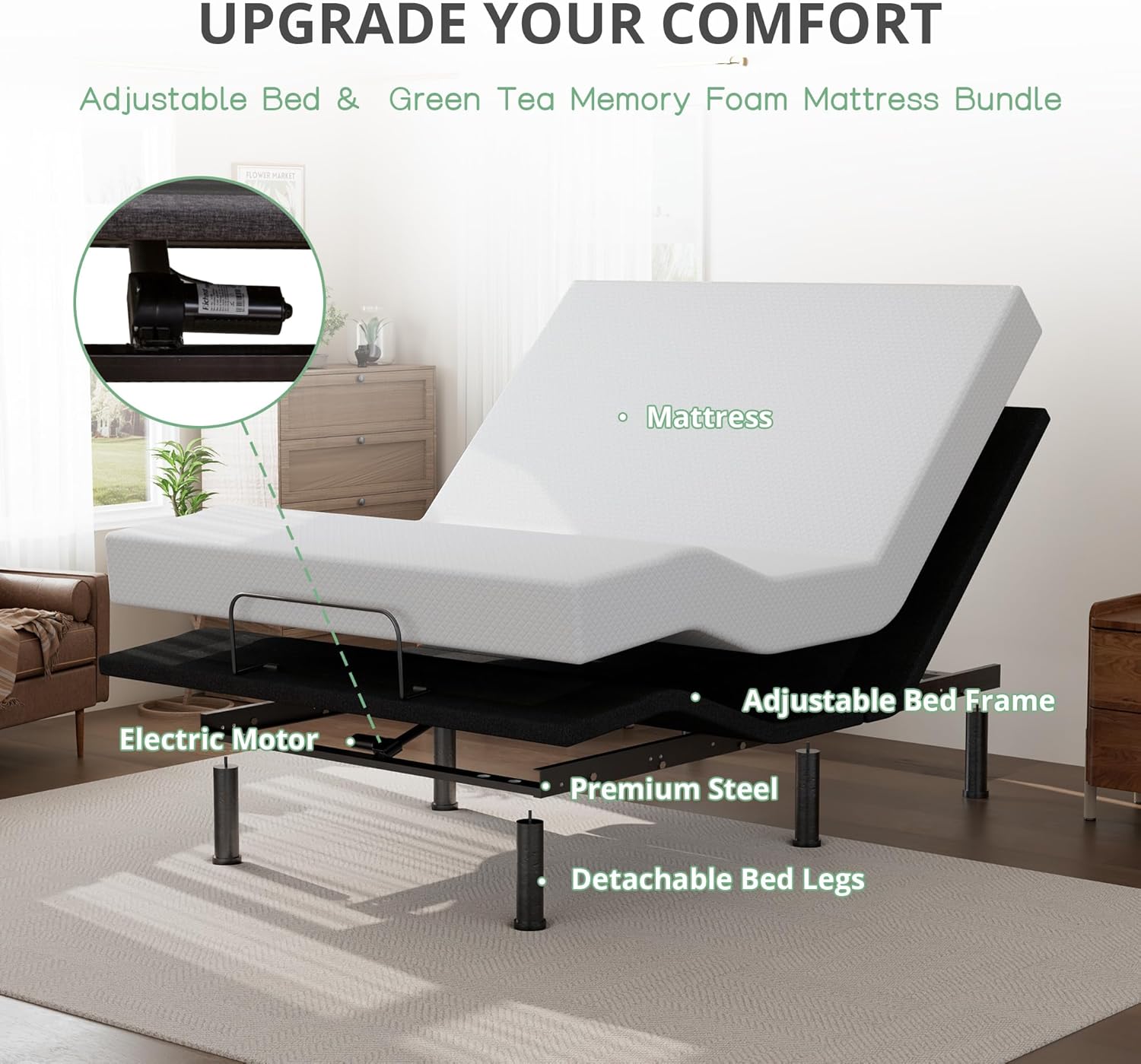 Twin XL Adjustable Bed Base Frame and 12 inch Green Tea Memory Foam Mattress, Electric Bed Base Wireless Remote, Zero Gravity Bed, Head and Foot Incline, Anti-Snore,Easy Assembly