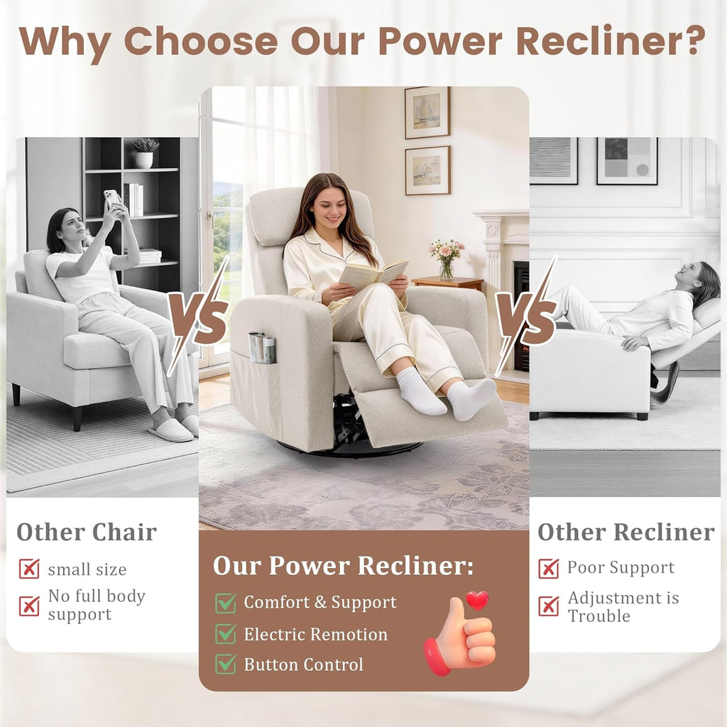 Power Swivel Recliner Chairs for Adults, Electric Glider Rocking Chair Nursery, Glider Recliner Nursery Chair with Classified Side Pocket, Nursery Rocking Chairs with USB and Type-C Ports