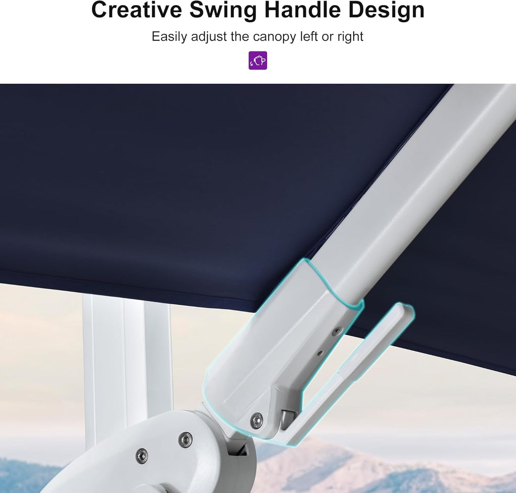 PURPLE LEAF 10 FT Right-left Tilt White Cantilever Umbrella with Base Patio Outdoor Swivel Umbrellas with Aluminum Tilt Offset Umbrella with 360° Rotation for Deck Pool, Navy Blue
