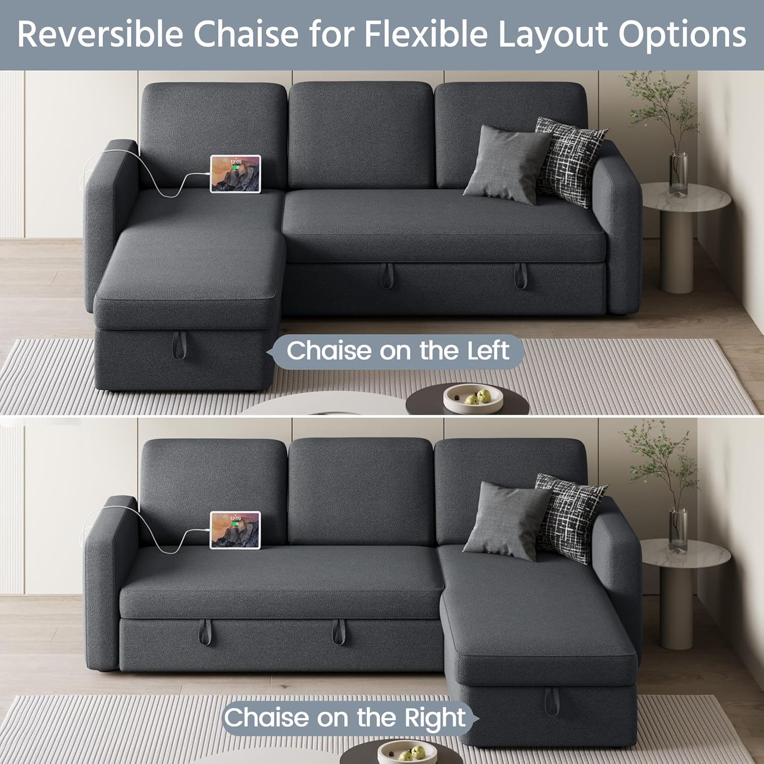 Yaheetech Sectional Sofa L-Shaped Sofa Couch Bed w/Chaise & USB, Reversible Couch Sleeper w/Pull Out Bed & Storage Space Living Room Dark Gray