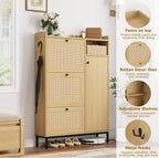 GarveeHome Shoe Cabinet Rattan with 3 Flip Drawers and 4-Tier Shoe Storage Cabinet, Freestanding Shoe Organizer with Adjustable Shelves for Entryway, Closet, Hallway (Light Oak)