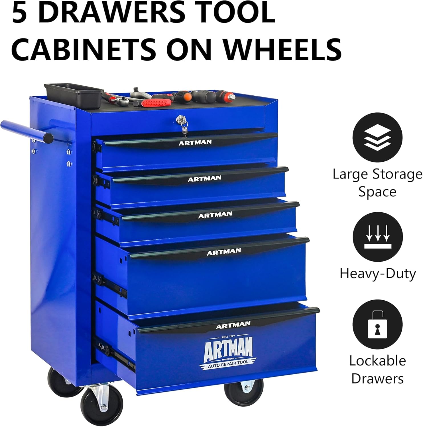 5 Drawers Tool Cart on Wheels, Multifunctional Rolling Tool Box, Drawers Rolling Trolley Organizer Tools Storage Chest for Warehouse,Garage,Workshop,Repair Shop (5 Drawers-30.5"H)