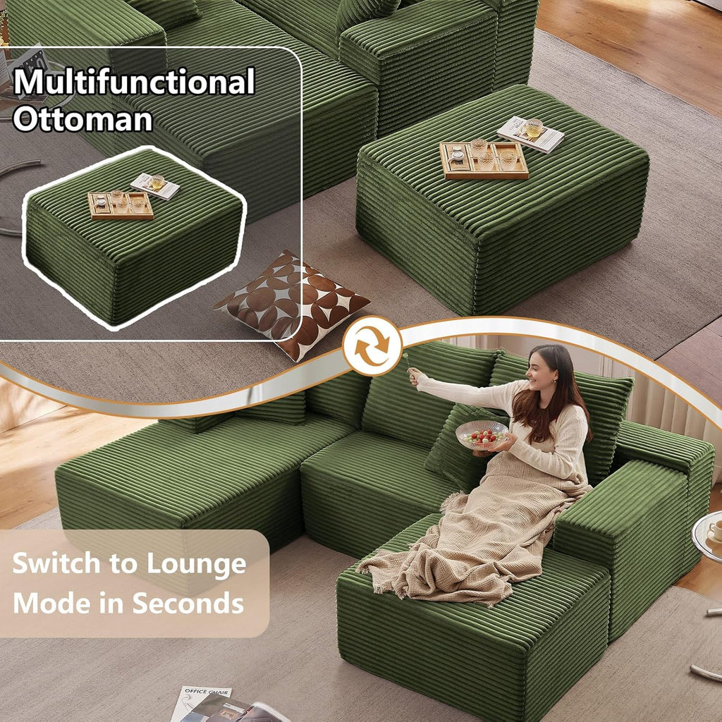 107" Modular Sectional Sofa with Ottoman, Modern Corduroy Cloud Couch with Deep Seat, Boneless Couch Upholstered 3-Seater U-Shaped Sofa for Living Room, No Assembly (Green, Left-Facing Chaise)