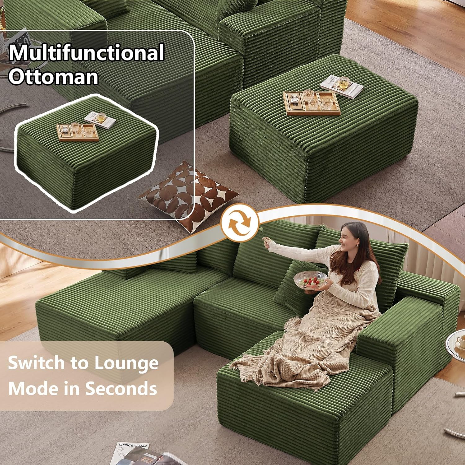 107" Modular Sectional Sofa with Ottoman, Modern Corduroy Cloud Couch with Deep Seat, Boneless Couch Upholstered 3-Seater U-Shaped Sofa for Living Room, No Assembly (Green, Left-Facing Chaise)