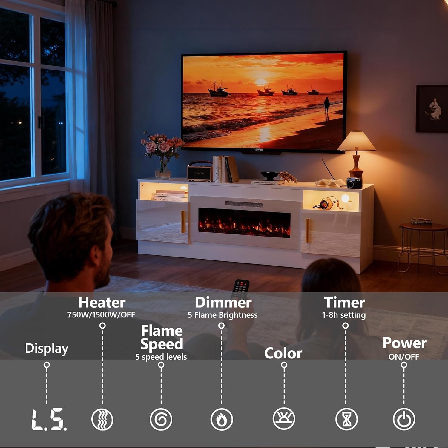 Fireplace TV Stand with 36'' Electric Fireplace, 70'' TV Media Entertainment Center with Fireplace Up to 80 inch,Modern LED TV Console with High Gloss Cabinet for Living Room