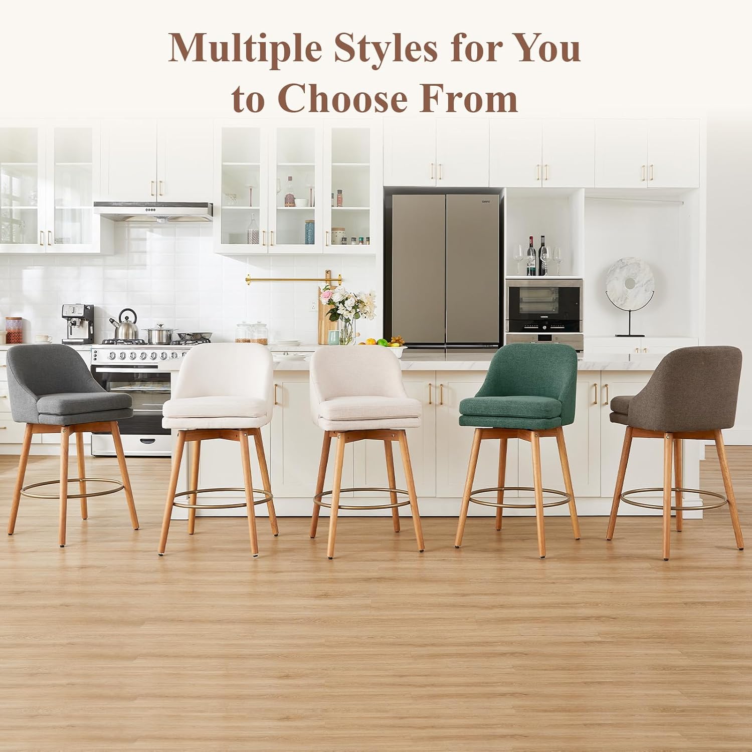 Modern Bar Stools Set of 2,Swivel Counter Height Bar Stools with Soft Upholstered Back,Thick Seat,Wooden Legs, 27" Counter Stools for Kitchen Island (Sand, 2 Pieces - 27" Counter Height)