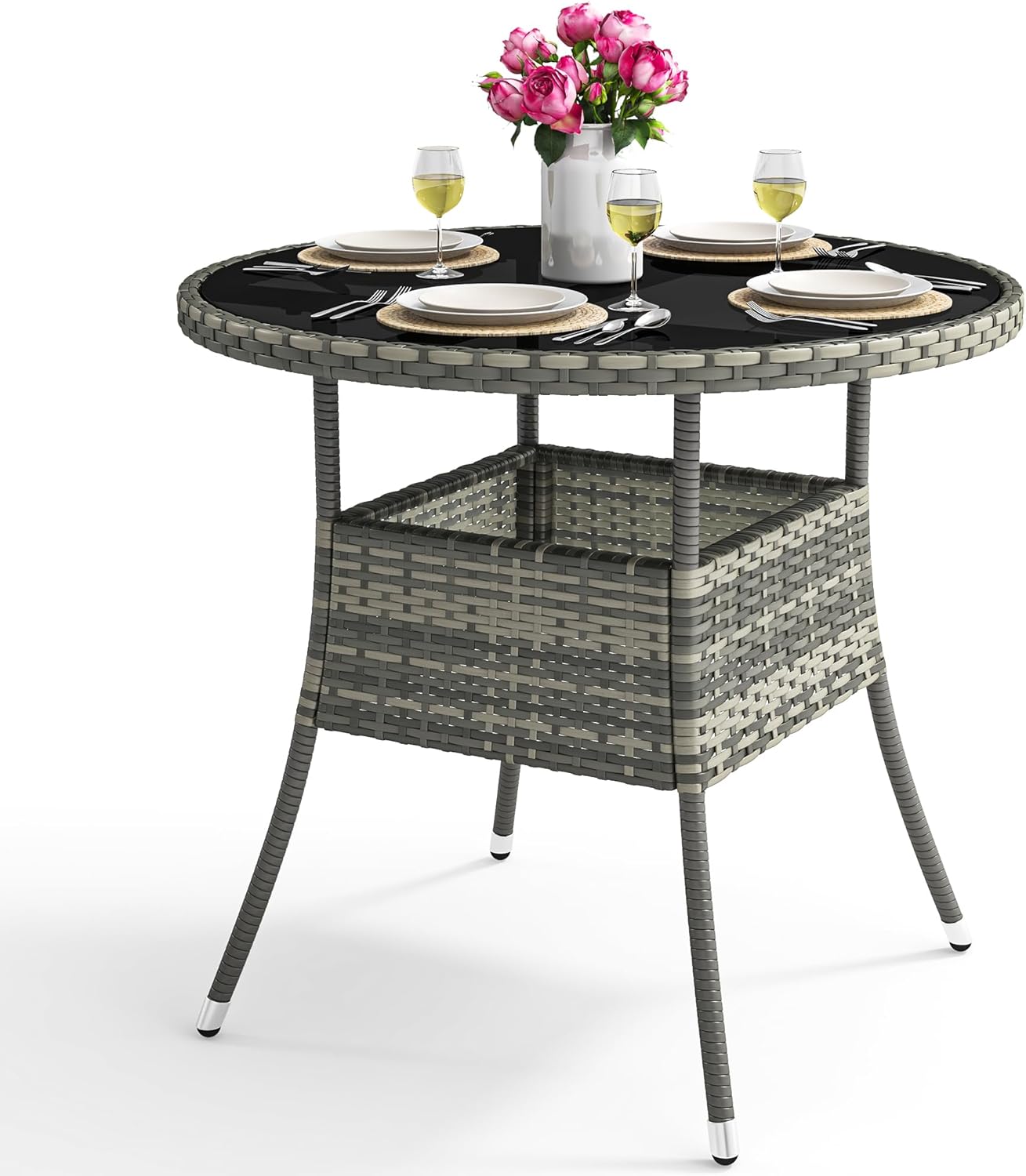 YITAHOME Outdoor Dining Table Round for 4 31.5" Patio Dining Table with Easy-to-Clean Glass Tabletop, All-Weather Rattan Bistro Table Round for Backyard Deck Porch Poolside, Gray