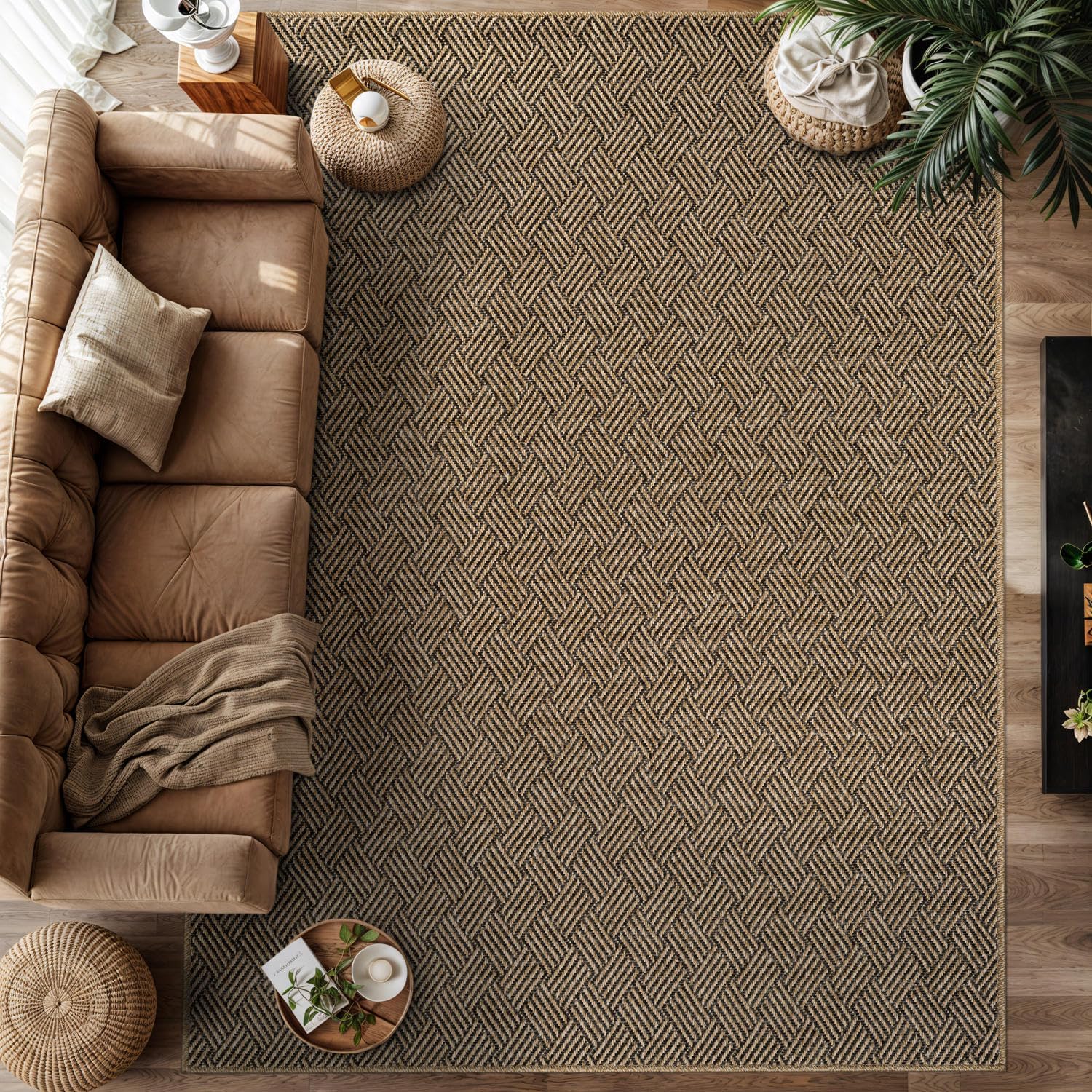 Easy Jute Rugs 9x12 Herringbone Natural Color Living Room Indoor Outdoor Area Rug for Patio and Kitchen Rug High Traffic Washable Easy to Clean Solid Boho Woven Design Carpet (9 x 12)