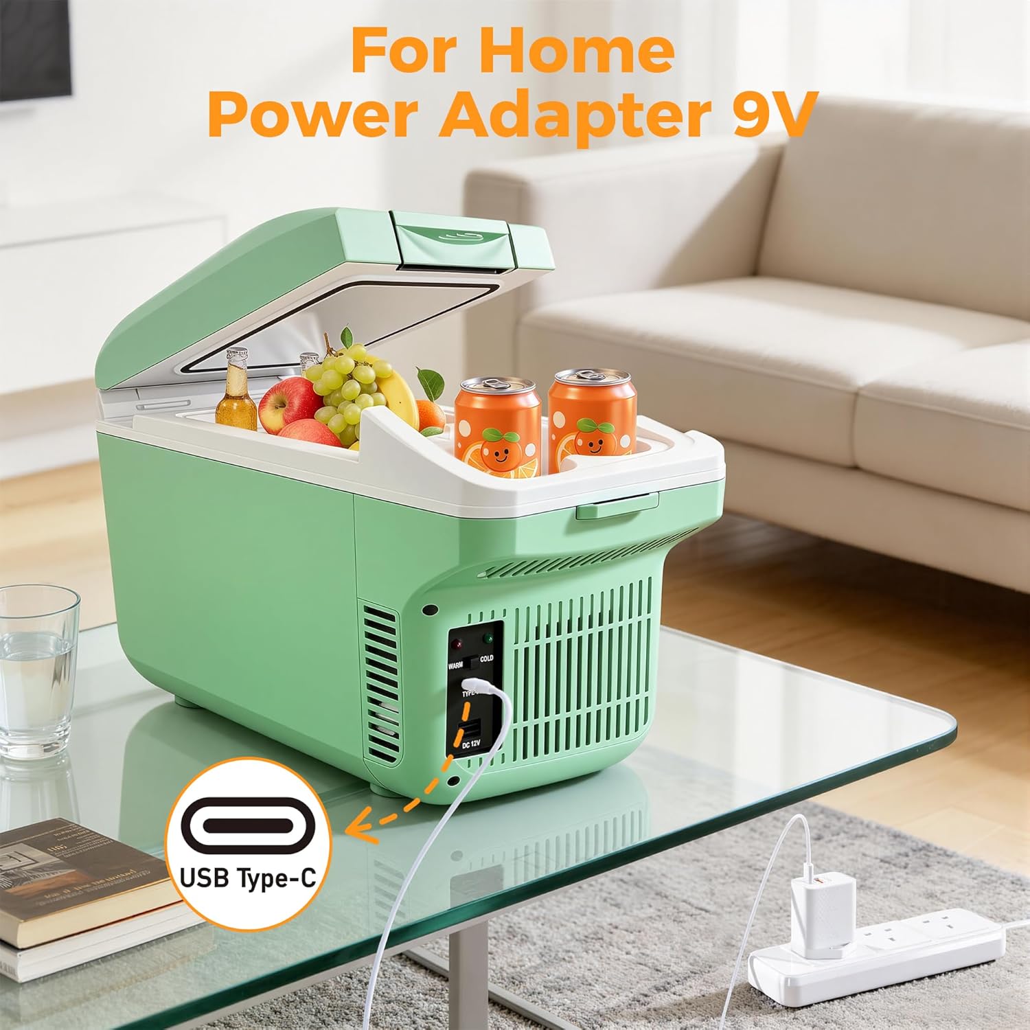 Iceblue Electric Cooler with Type-C, 8 Liter /11 Cans Mini Fridge with Belt, 9V Type-C Thermoelectric Dual-use Car Refrigerator, Car Fridge for Car, Dorm, Travel, Picnic, Gift - Green