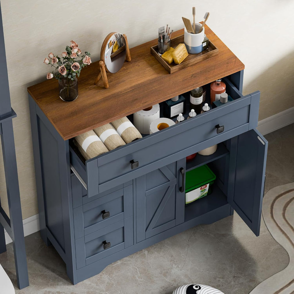 Vabches Farmhouse Storage Cabinet with 2 Doors and 4 Drawers, Freestanding Bathroom Storage Cabinet Kitchen Pantry, Floor Hutch Cupboard for Living Room/Bathroom/Kitchen,Blue