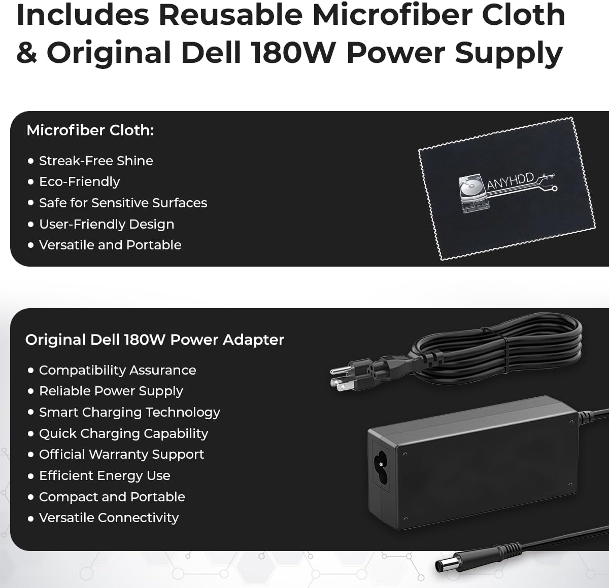 Dell WD19S Docking Station Dual Monitor Bundle - 180W  Supports 4K Display  Dell Dock with 180W Power Supply + Anyhdd 4K HDMI Cable + 4K DisplayPort Cable + USB-C Cable + Microfiber Cloth Included