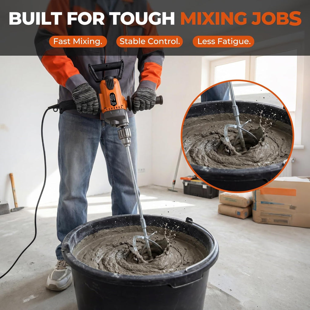Drill Mixer Set, 20 Amp Corded Mixing Drill with 5/8" All-Metal Chuck, 1100 RPM Heavy Duty Concrete Mud Mixer with 360° Adjustable D-Handle for Cement Mortar Paint Grout Plaster Thinset