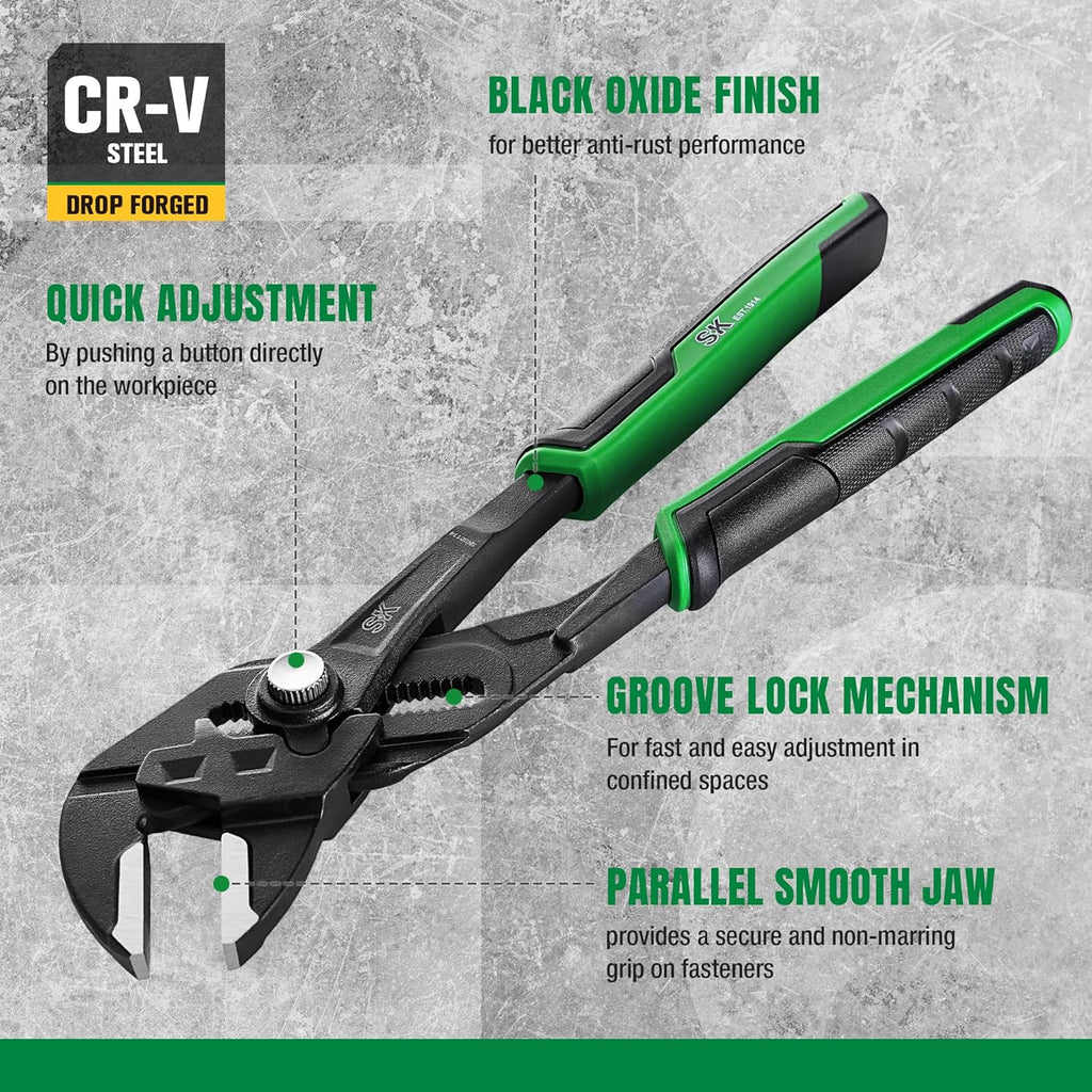 SK 5-Piece Pliers Set, 8" Adjustable Joint, 8", 10" and 12" Quick Adjust V-Jaw Groove Joint, 10" Pliers Wrench, Premium CR-V Construction, with EVA Foam Tool Organizer