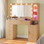 BTHFST Fluted Makeup Vanity Desk with Large 31.5" Mirror and Lights, 46.1" Wood Vanity with Charging Station & RGB Lights, Dressing Table with 6 Drawers & Cabinet & Shelves, Oak