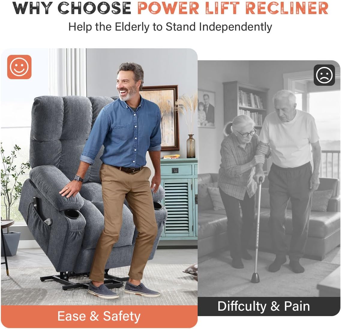 BOSMILLER Power Lift Recliner Chair with Massage and Heat for Elderly, Electric Recliner Single Sofa with Two Cup Holders, Extended Footrest, Side Pocket and USB Charge Port for Living Room