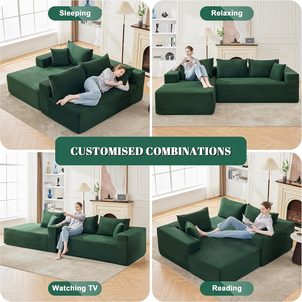 110” Cloud Sectional Couch, Modular Sectional Sofa for Living Room, Boneless Sofa with Deep Seat, Comfy Fluffy Couch with L-Shaped Chaise, No Assembly Required (Left-Facing Chaise, Green)
