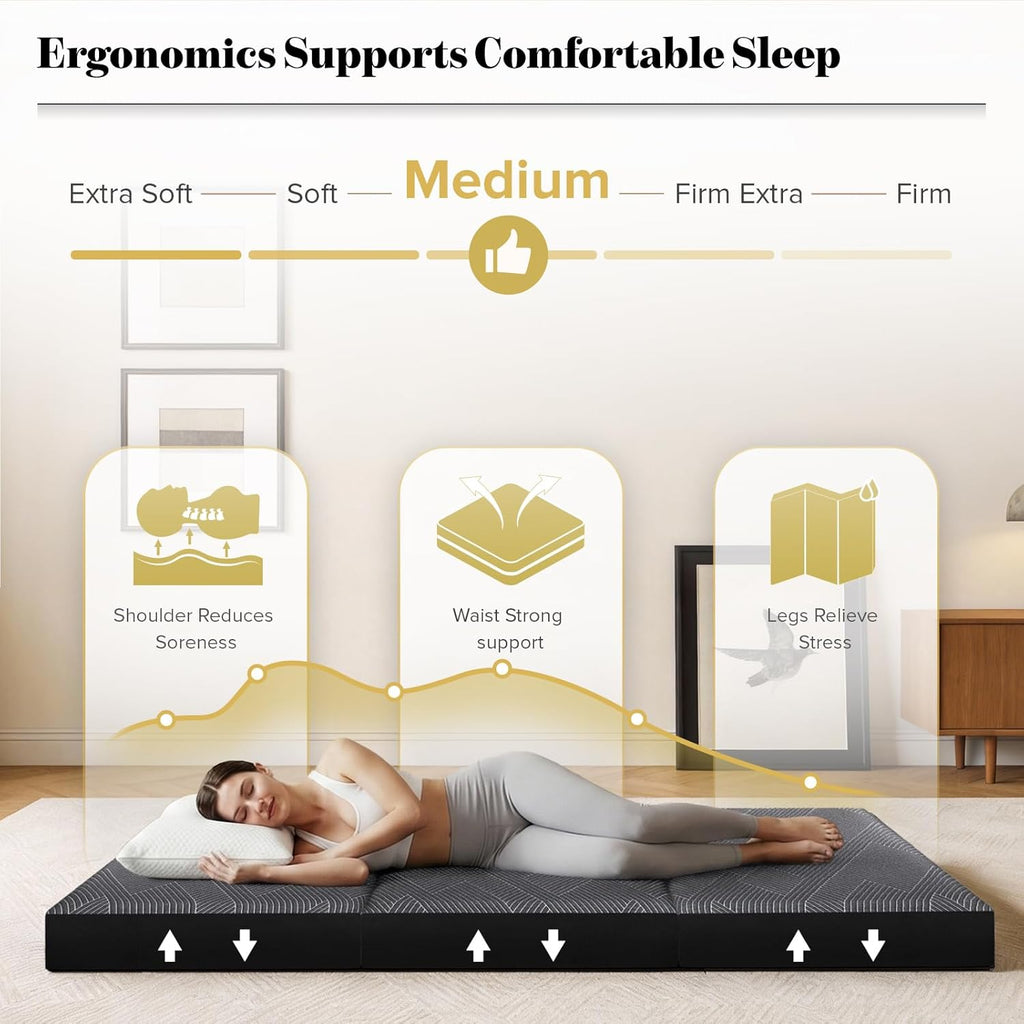 Tri Folding Mattress King Size - Foldable Mattress Trifold Memory Foam Mat with Washable Cover, Handle & Non-Slip Bottom Portable Foldable Floor Sofa Bed for Travel Camping Guest - 6 Inch, 80"x76"x6"