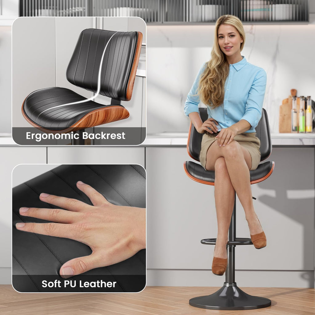 Swivel Bar Stools Set of 3, Adjustable Bentwood Barstools for Kitchen Counter, Modern PU Leather Upholstered Bar Chair with Back and Footrest, for Kitchen Island, Bar, Dining Room, Black