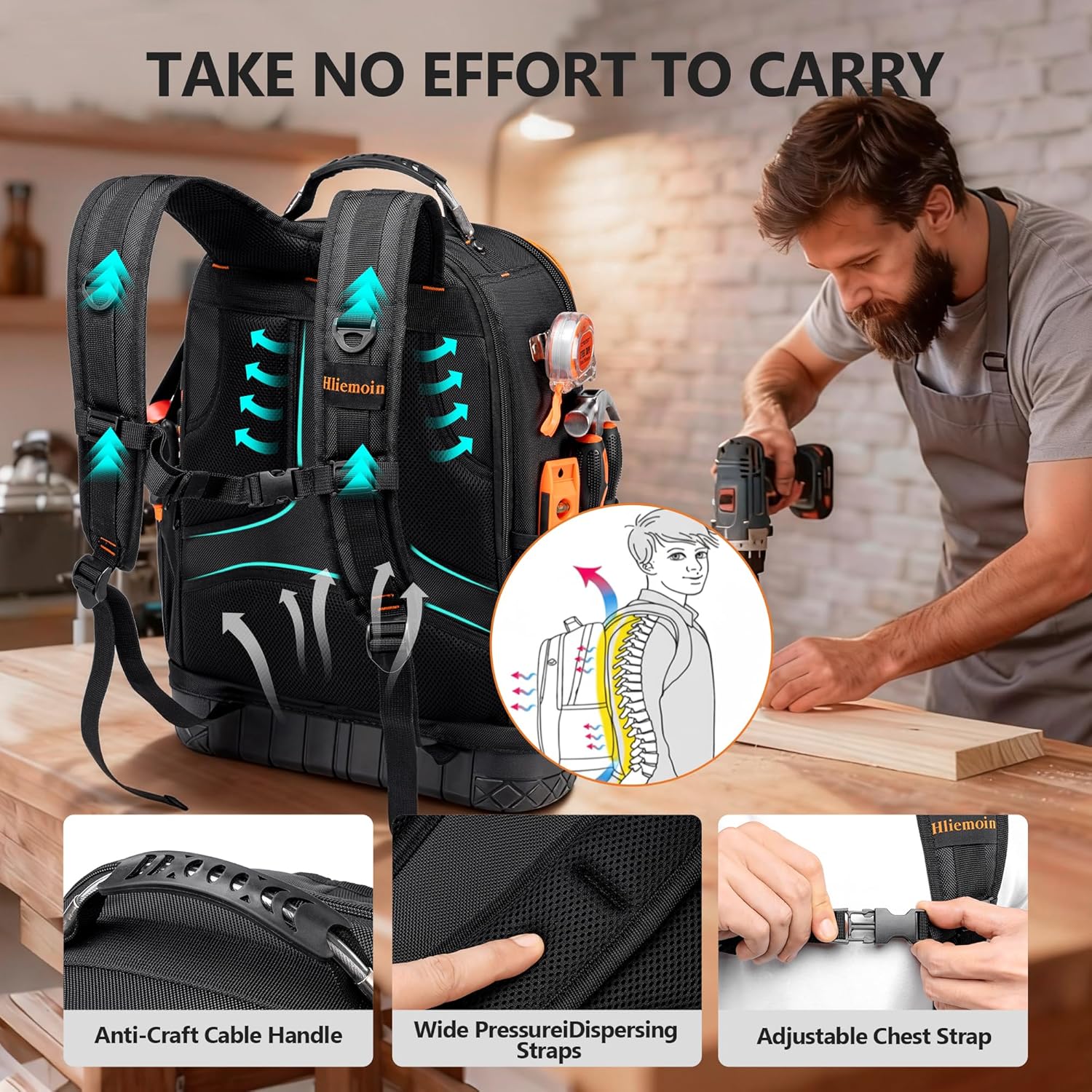 Tool Bag Backpack Heavy Duty 1680D Oxford, 75 Pockets & Loops Electrician Backpack, Large HVAC Tool Bags with Hard Bottom, Construction Work Technician Backpacks with 16’’ Laptop Compartment for Men
