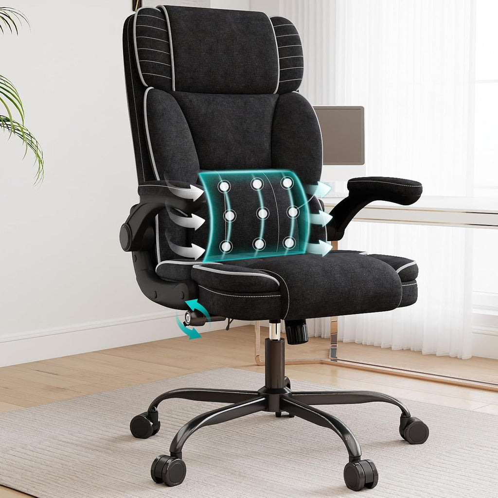 Big and Tall Office Chair with Adjustable Lumbar Support,Breathable Fabric High Back Desk Computer Chair with Adjustable Flip-up Armrests,Ergonomic Swivel PC Chair with Rocking Function
