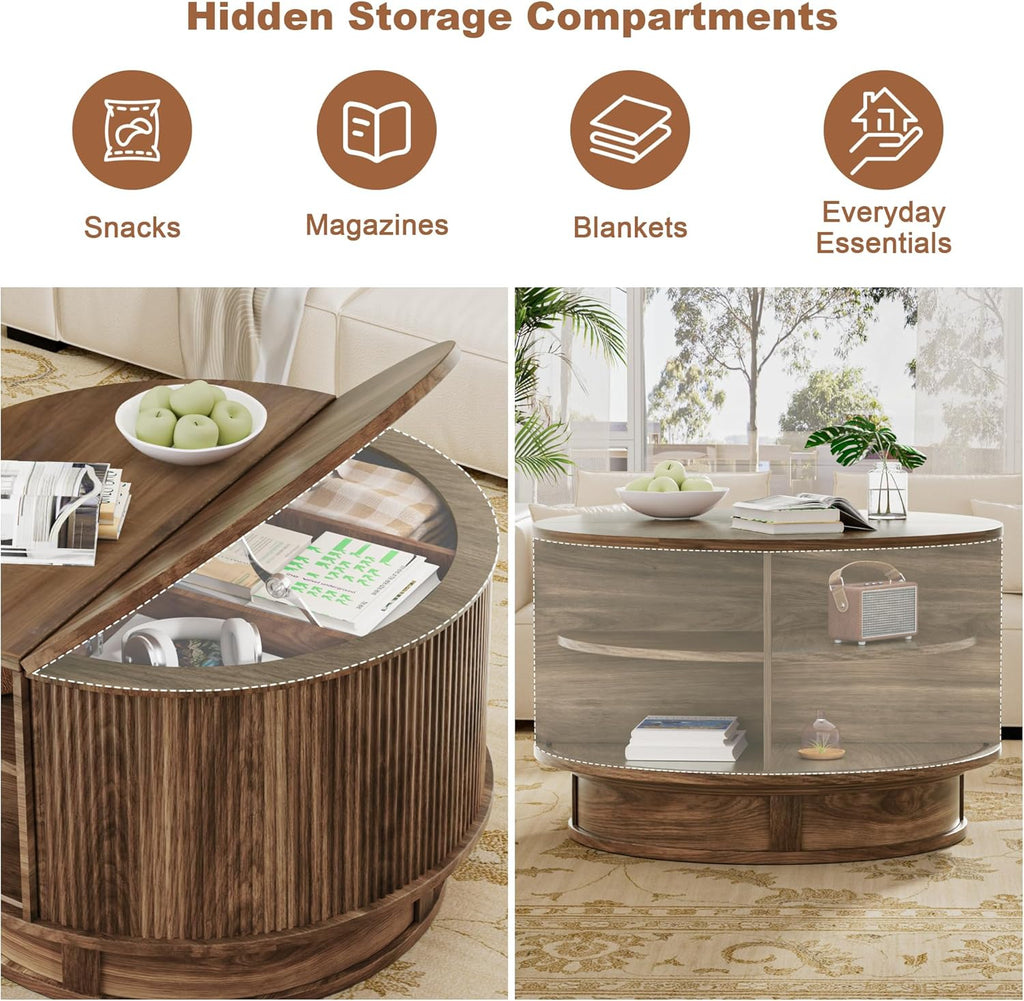 31.5" Round Fluted Coffee Table with Hidden Storage, Modern Wood Coffee Table with Flip-Up Hinged Tabletop, Divided Compartments and Rotating Base for Living Room & Apartment (Walnut)